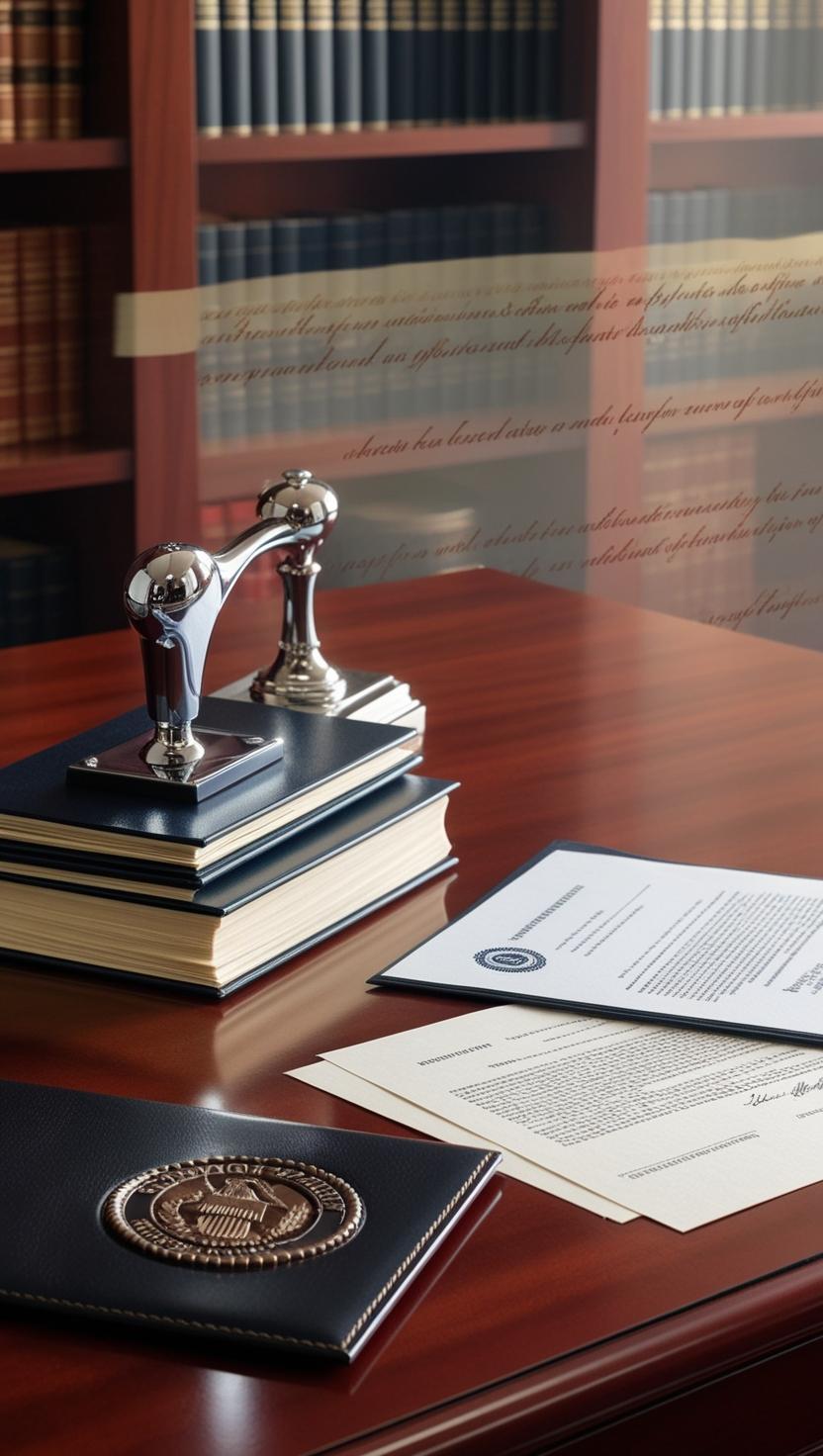A professional desk setup with a notary stamp, legal documents, and an official seal, representing trust, compliance, and legal accuracy.