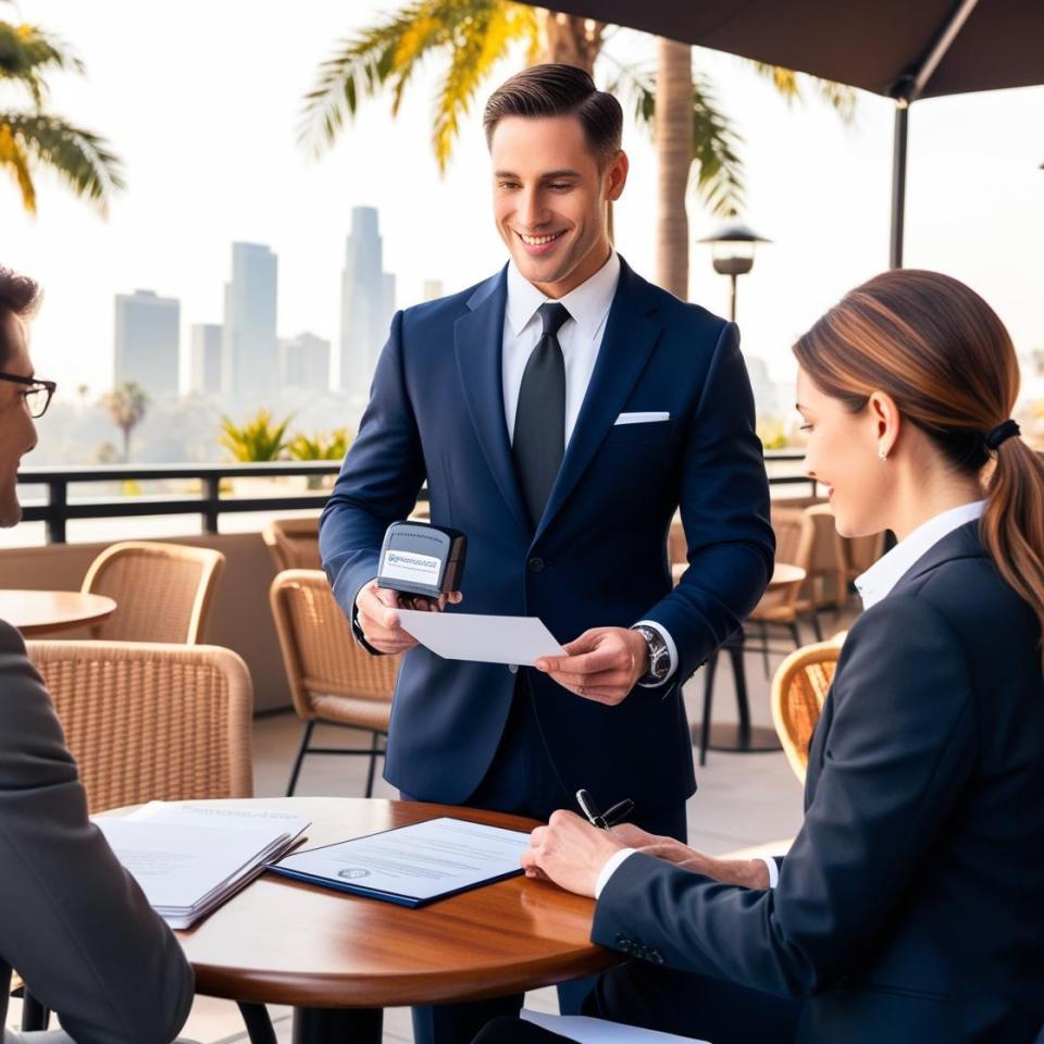 A mobile notary meeting with a client in a professional setting, reviewing documents together. The background subtly features elements of Los Angeles, such as palm trees or city buildings, emphasizing convenience and trustworthiness.