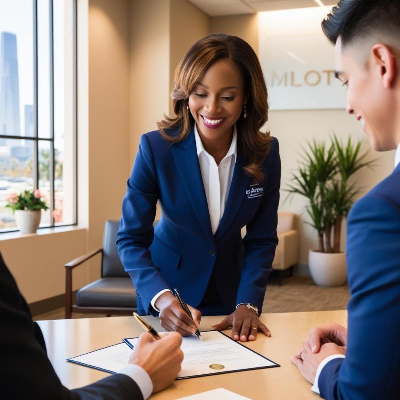 A professional mobile notary in Los Angeles assisting a client with document signing in a modern and welcoming setting. The notary, dressed in business attire, is ensuring accuracy and professionalism. The background subtly features elements of Los Angeles, such as a city skyline or palm trees, highlighting convenience and trustworthiness.